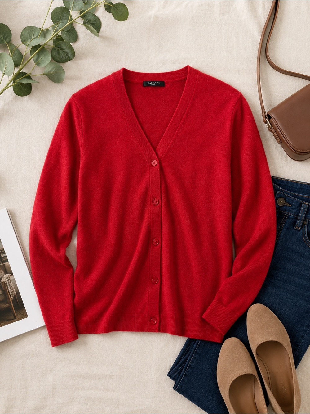 100% Cashmere Red Cardigan Sweater – Handmade in Nepal – Size